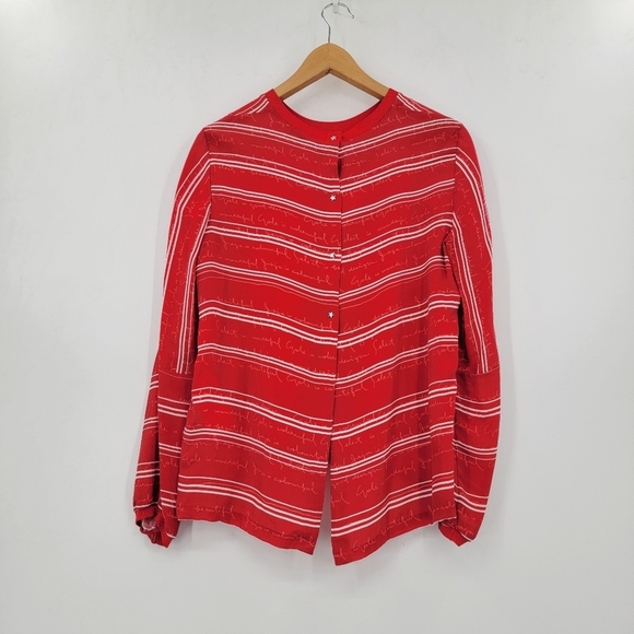 Maje Womens Medium Red White Stripe Split Back Star Snap Long Sleeve Blouse - Picture 11 of 16